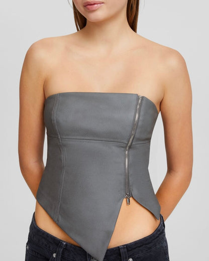 FAUX LEATHER BANDEAU CROP TOP WITH ZIP