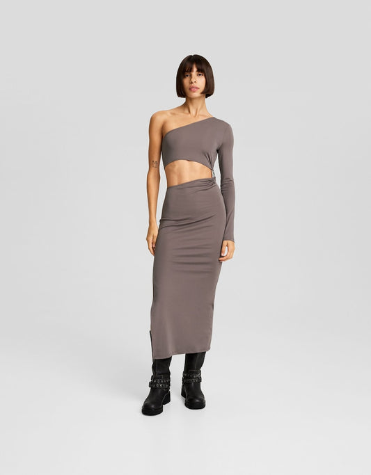 ASYMMETRIC MIDI DRESS WITH CUT-OUT DETAILS