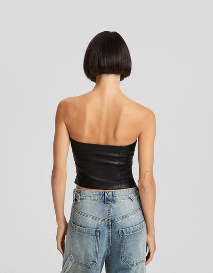 FAUX LEATHER BANDEAU CROP TOP WITH ZIP