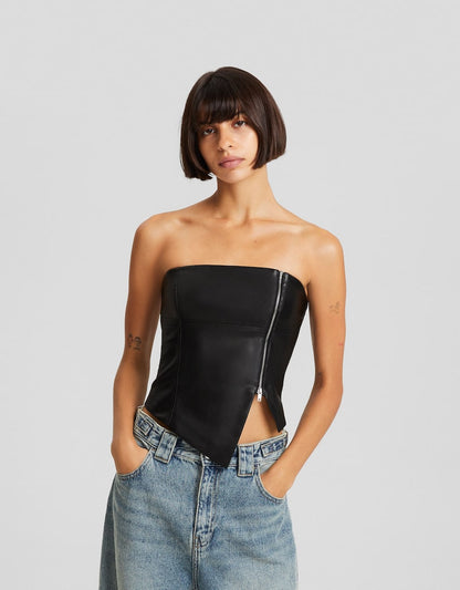 FAUX LEATHER BANDEAU CROP TOP WITH ZIP