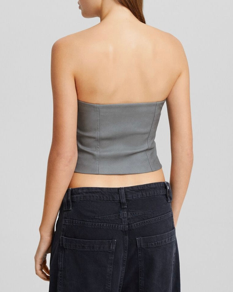 FAUX LEATHER BANDEAU CROP TOP WITH ZIP