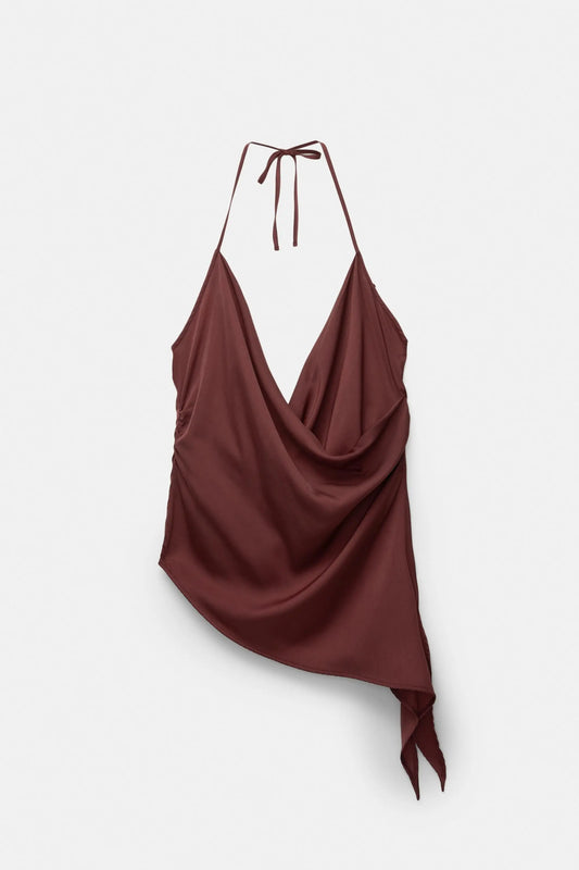 ASYMMETRIC SATIN HALTER TOP